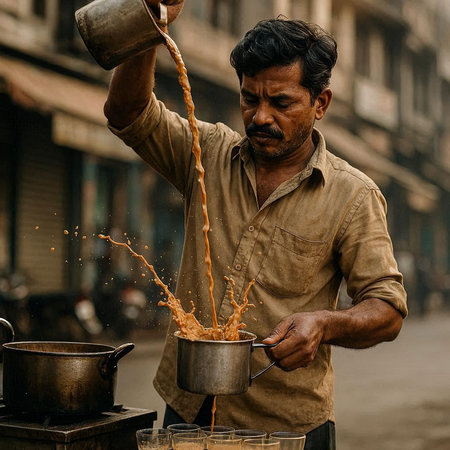 Indian street vendor pours water from a pot into a cup of tea.の写真素材