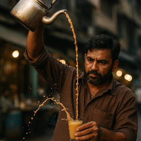 Indian man pouring milk into a glass of coffee while standing on the street.の写真素材