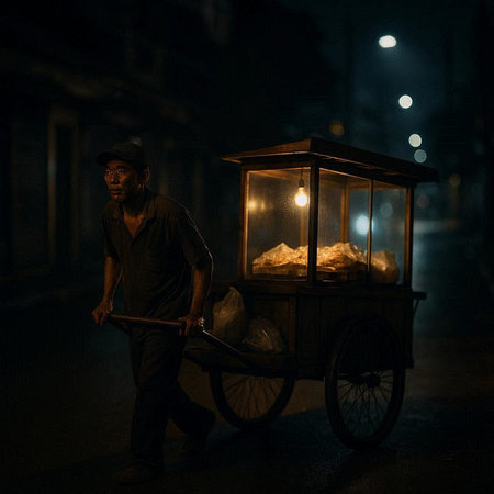 A street vendor with a cart in the center of the city at nightの写真素材