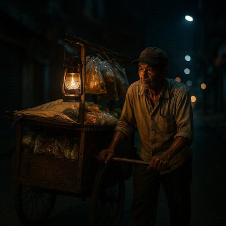 Vietnamese old man selling food in the street at night.の写真素材