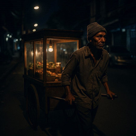 A street vendor with a cart in the old town of Kolkata at night.の写真素材