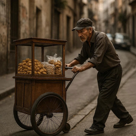 Street vendor with a cart full of fresh bread in the city.の写真素材