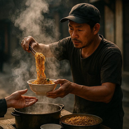 Asian man cooking noodle in a pot at street food market.
