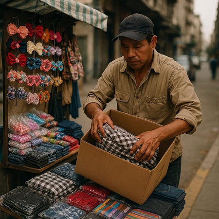 Handsome asian man with a box of clothes in the streetの写真素材