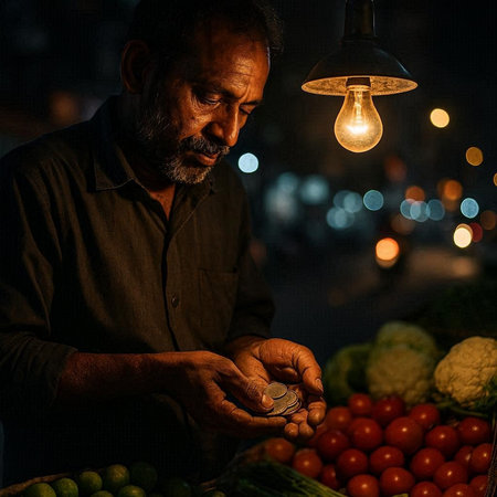 Indian man counting coins in the night market. Selective focus.
