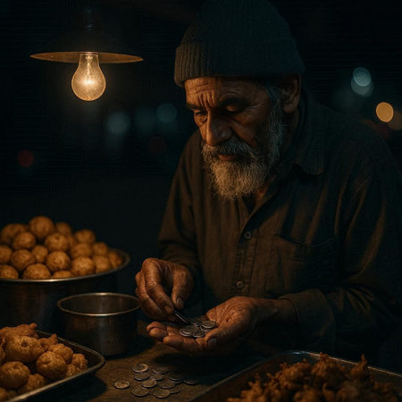 Old man counting coins at night market. Bokeh background.の写真素材