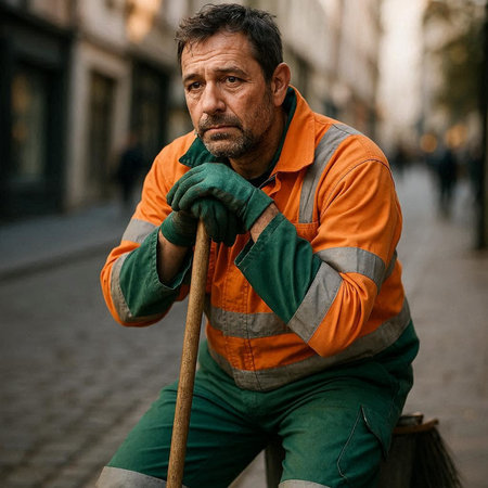 Mature man cleaning the street with a broom and looking at the cameraの写真素材