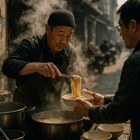 Unidentified Vietnamese man cooking instant noodles in the street.の写真素材