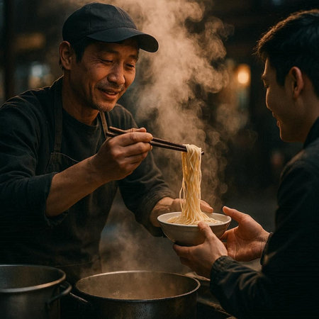 Asian man cooking instant noodle in the street food market. Street food concept.