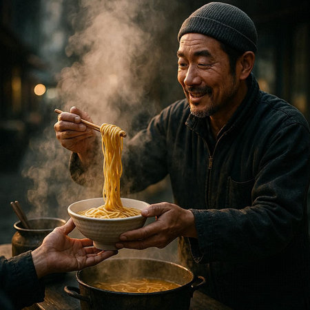 Asian man cooking instant noodle at street food market in Shanghai, China