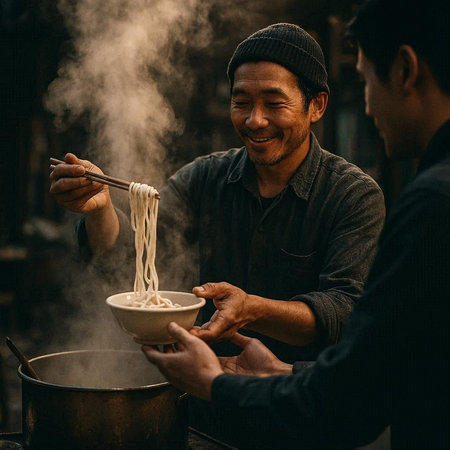 Asian man eating noodle at street food market in Bangkok, Thailandの写真素材