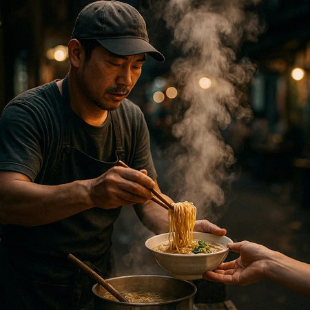 Asian man cooking noodle in street food market in Bangkok, Thailand