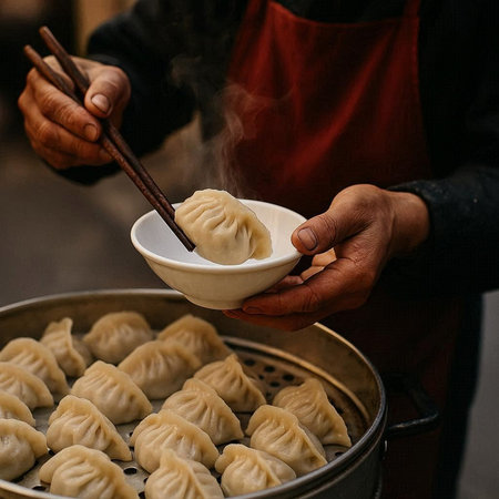 Steamed dumplings on the street food market in Seoul, South Koreaの写真素材
