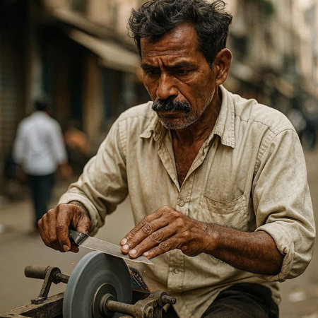 Unidentified Nepali man cutting a piece of wood