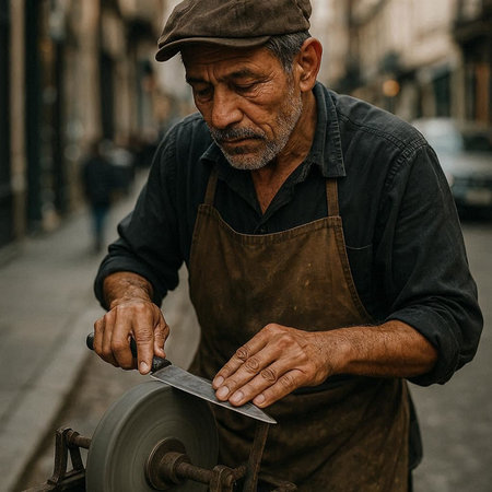 Old man working in the streets of the city. Old man sawing a piece of metal.の写真素材