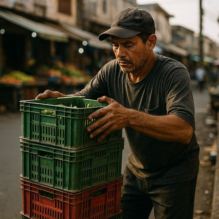 Handsome indian man selling fruits and vegetables at a street market.