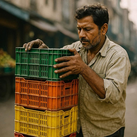 Old man with a basket in the streets of Kathmandu, Nepalの写真素材