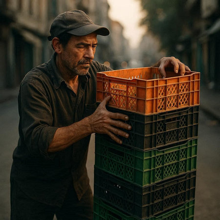 An elderly man in a cap and a black T-shirt walks along the streets of the city.の写真素材