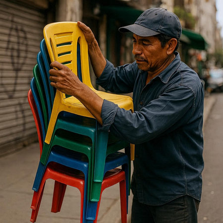 Old man sitting on a chair in the street and looking at the cameraの写真素材