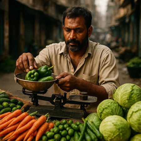 Indian man selling vegetables on a street market. India, Mumbai.の写真素材