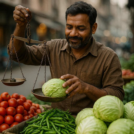 Indian man selling vegetables at street market in New Delhi, India.の写真素材