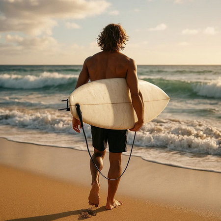 Surfer with surfboard on the beach at sunset. Rear view.