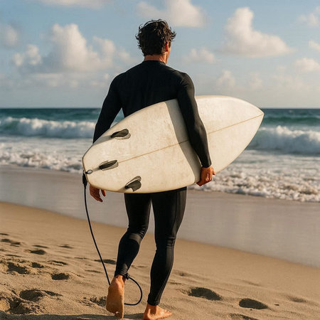 Rear view of a young man in wetsuit holding surfboard on the beach