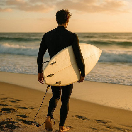 Rear view of a young man with surfboard on the beach at sunset