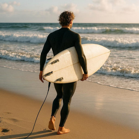 Surfer with surfboard on the beach in the evening at sunsetの写真素材