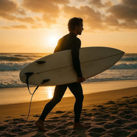 Rear view of a man with surfboard on the beach at sunset