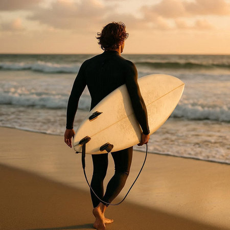 Rear view of a surfer with his surfboard on the beach at sunset