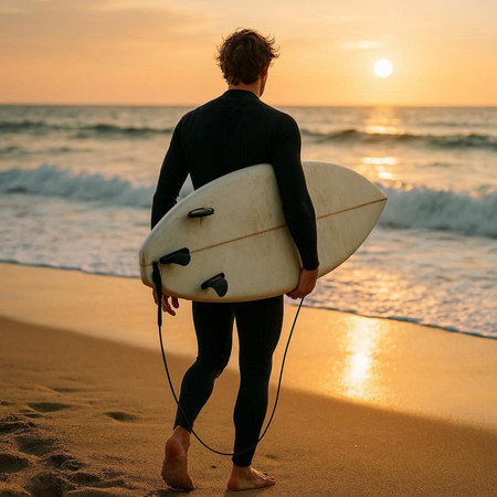 Surfer in wetsuit with surfboard on the beach at sunset