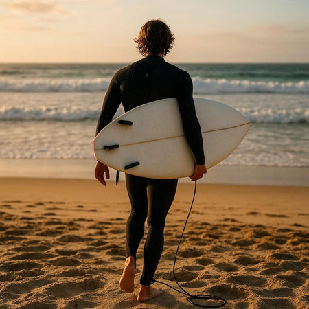 Rear view of a surfer with a surfboard on the beach at sunset
