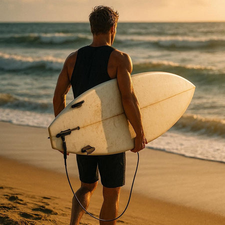 Rear view of a young man standing with his surfboard on the beach at sunset