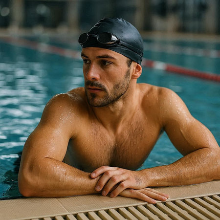Portrait of a young man in a swimming pool wearing a cap and gogglesの写真素材