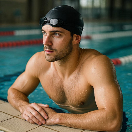 Portrait of a young man in swimming pool wearing cap and gogglesの写真素材