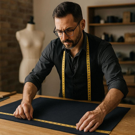 Fashion designer working on a new collection of clothes in his studioの写真素材