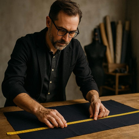 Handsome middle-aged man in eyeglasses using a measuring tape while working in his workshop