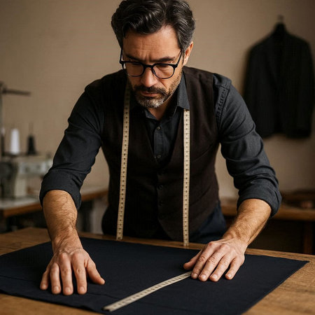 Portrait of a mature male fashion designer working in his studio.の写真素材