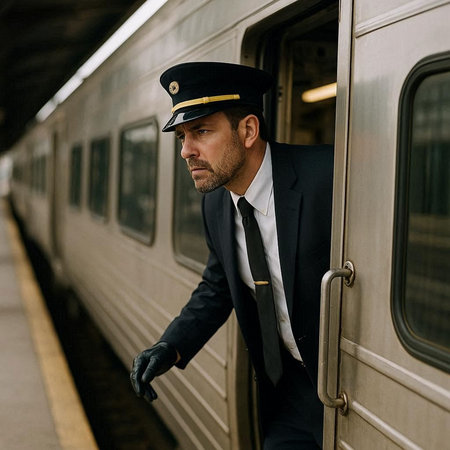 A man in a suit and a cap stands at the train station.の写真素材