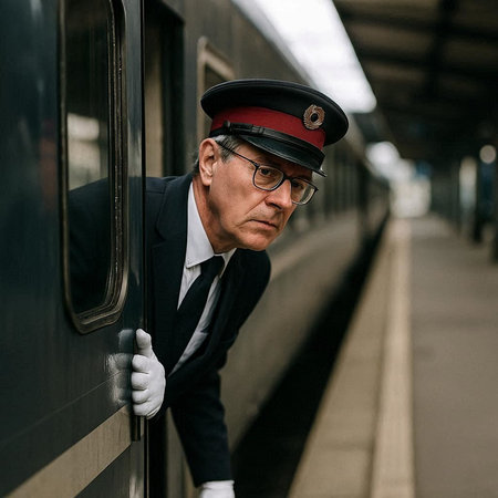 An elderly man in a suit and a cap stands at the train stationの写真素材