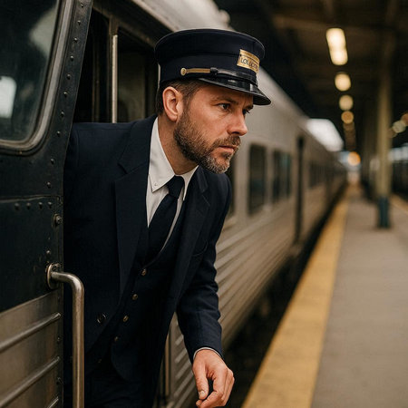 Portrait of a handsome man in a suit with a train in the backgroundの写真素材