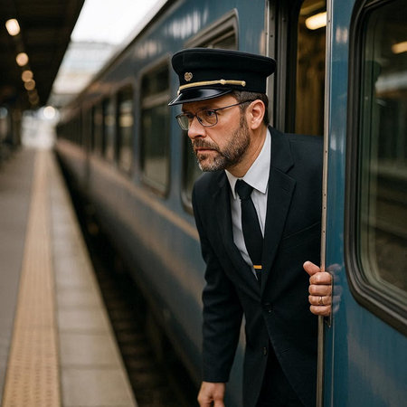 Portrait of a man in a suit and a cap on the train stationの写真素材