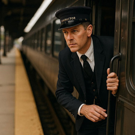 A man in a suit and a cap on the train station.