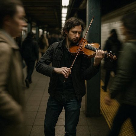 Violinist playing the violin in the subway station. Young man with a violin.
