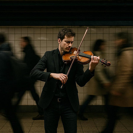 Violinist in a black suit with a violin on the street