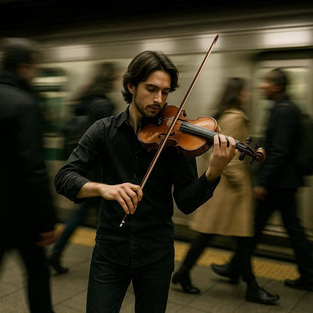 Handsome young man playing violin in the subway. Focus on violin