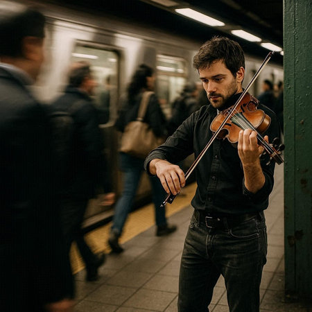A young man playing the violin in a subway station. Urban scene.の写真素材
