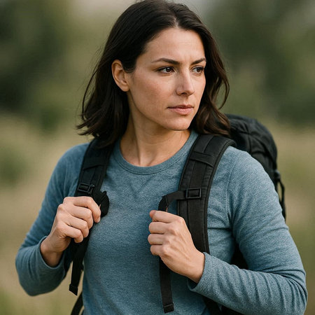 Portrait of a young woman with backpack hiking in the countryside.