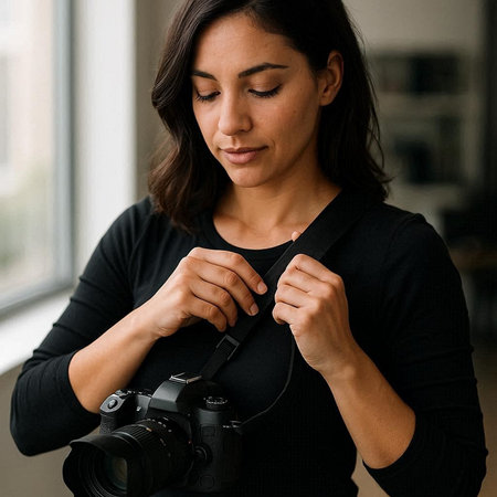 Portrait of a beautiful young woman holding a camera in her hands